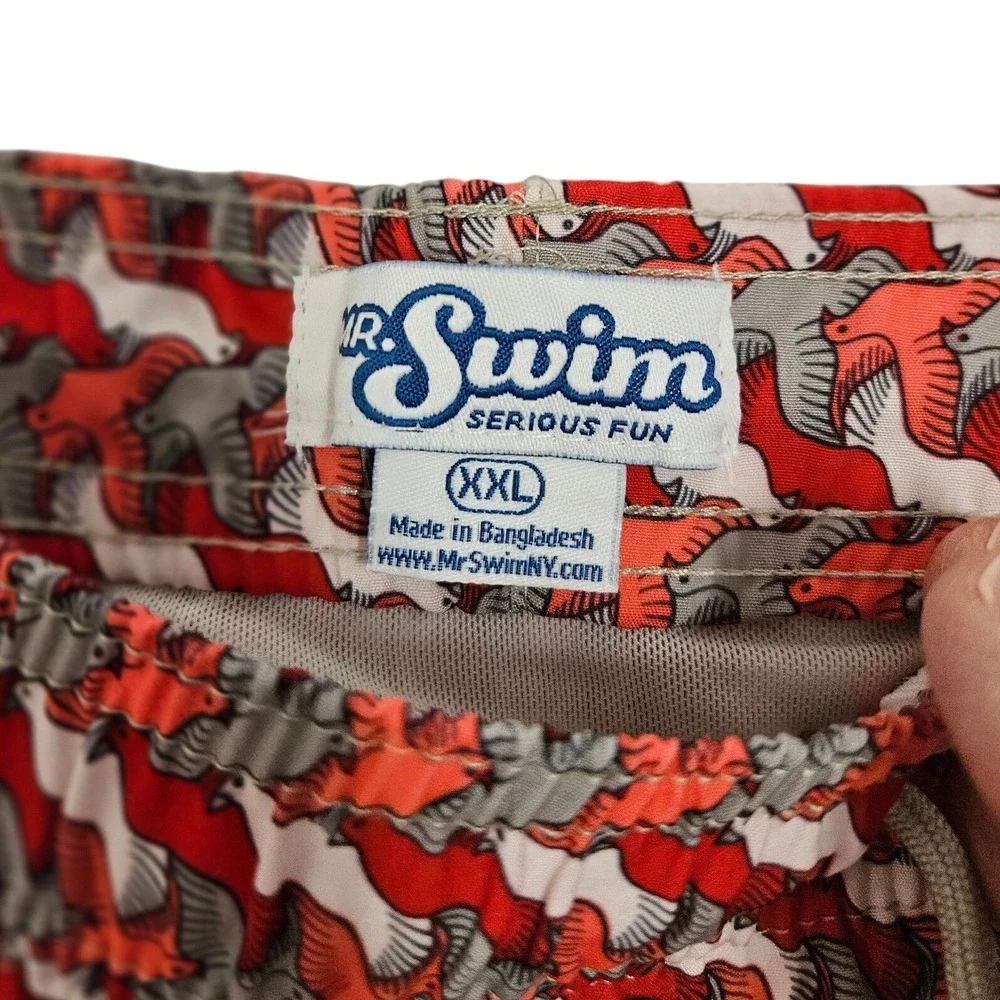 Mr. Swim Trunks Mens XXL Red Grey Bird Print Drawstring Mesh Lined 6
